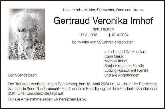 Gertraud Veronika Imhof, geb. Rausch
