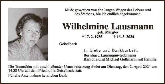 Wilhelmine Lausmann, geb. Mergler