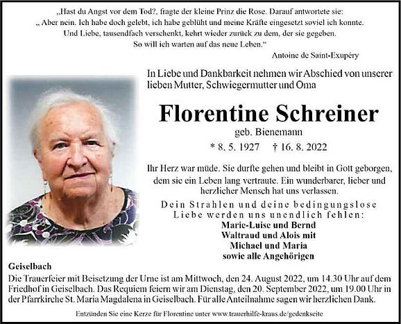 Florentine Schreiner, geb. Bienemann