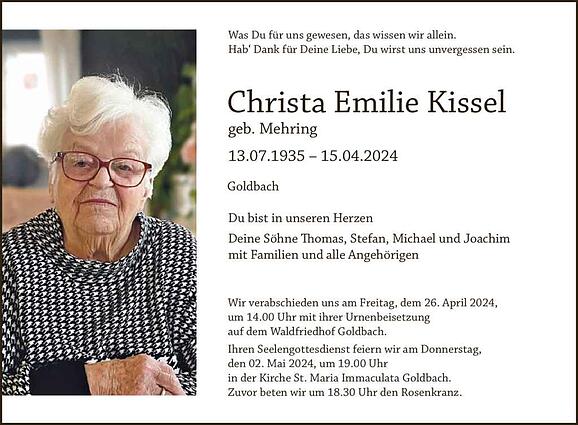 Christa Emilie  Kissel, geb. Mehring