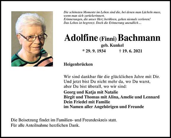 Adolfine (Finni) Bachmann, geb. Kunkel